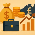 Flat-style digital illustration of financial symbols including money bag, coins, bar chart, and Australian map, representing generational wealth in Australia.