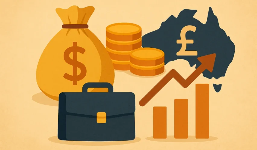 Flat-style digital illustration of financial symbols including money bag, coins, bar chart, and Australian map, representing generational wealth in Australia.