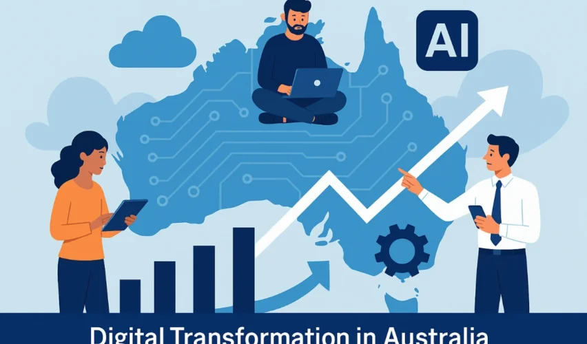 Flat design illustration showing professionals with laptops, AI icons, and cloud technology overlaid on a map of Australia, symbolising digital transformation.