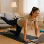Young woman exercising at home on a yoga mat while following a fitness routine on her laptop, symbolising healthy lifestyle fitness balance.