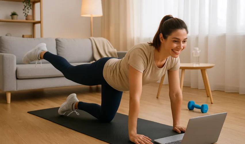 Young woman exercising at home on a yoga mat while following a fitness routine on her laptop, symbolising healthy lifestyle fitness balance.