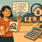 Illustration of Australian homebuyers reviewing property options with checklist, calculator, and for-sale sign, symbolising real estate tips for buyers.