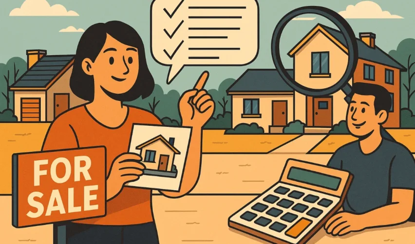 Illustration of Australian homebuyers reviewing property options with checklist, calculator, and for-sale sign, symbolising real estate tips for buyers.