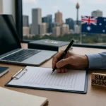 Australian small business owner reviewing legal compliance checklist with laptop and documents on desk, city skyline and Australian flag visible through window, natural daylight, realistic photo.