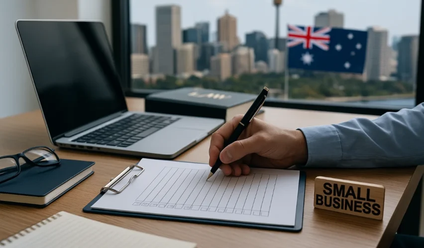 Australian small business owner reviewing legal compliance checklist with laptop and documents on desk, city skyline and Australian flag visible through window, natural daylight, realistic photo.