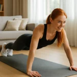 Realistic image of a fit Australian woman doing a bodyweight plank exercise indoors on a yoga mat, in a bright home environment with natural sunlight.