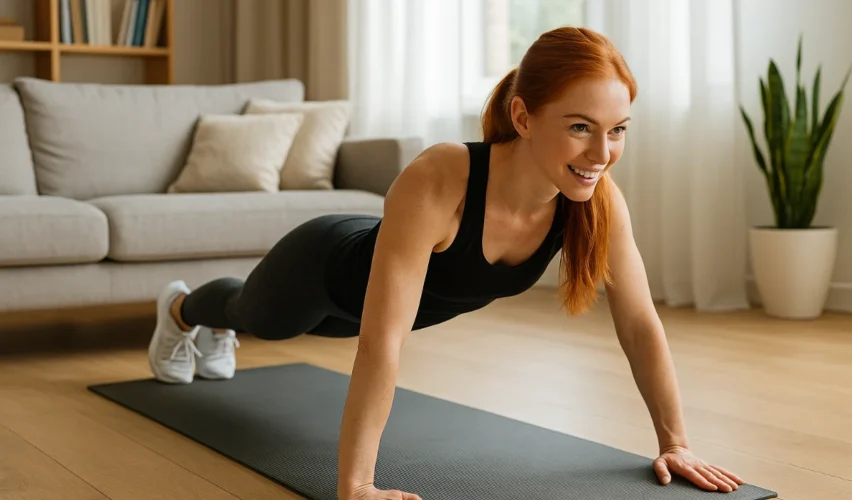 Realistic image of a fit Australian woman doing a bodyweight plank exercise indoors on a yoga mat, in a bright home environment with natural sunlight.