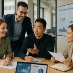Australian business professionals analysing digital growth charts and strategies in a modern office, symbolising 2025 business growth trends