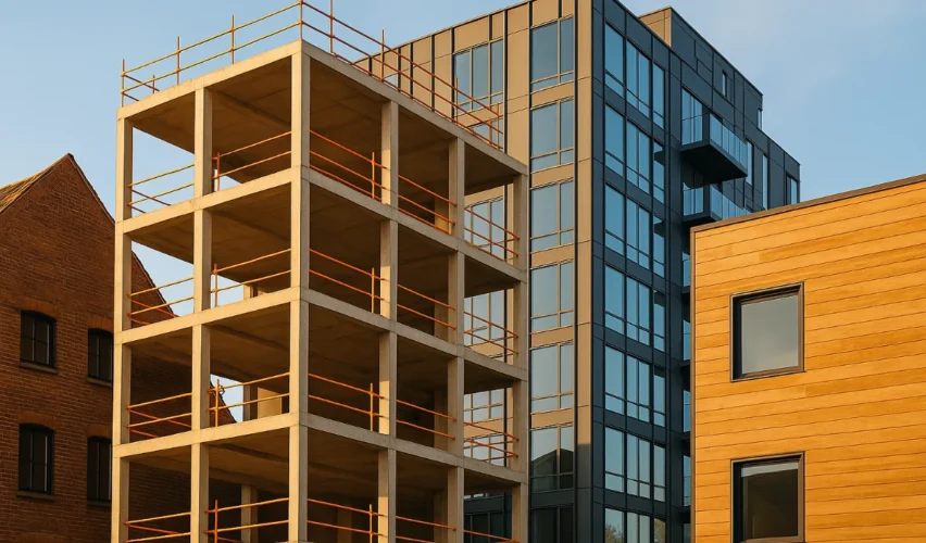 A diverse set of building structures including a red brick house, a concrete frame under construction, a glass high-rise, and a timber building, representing different types of building structures in Australia.