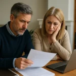 Mature Australian couple reviewing estate administration documents at home, looking focused and thoughtful with a laptop and papers on the table.