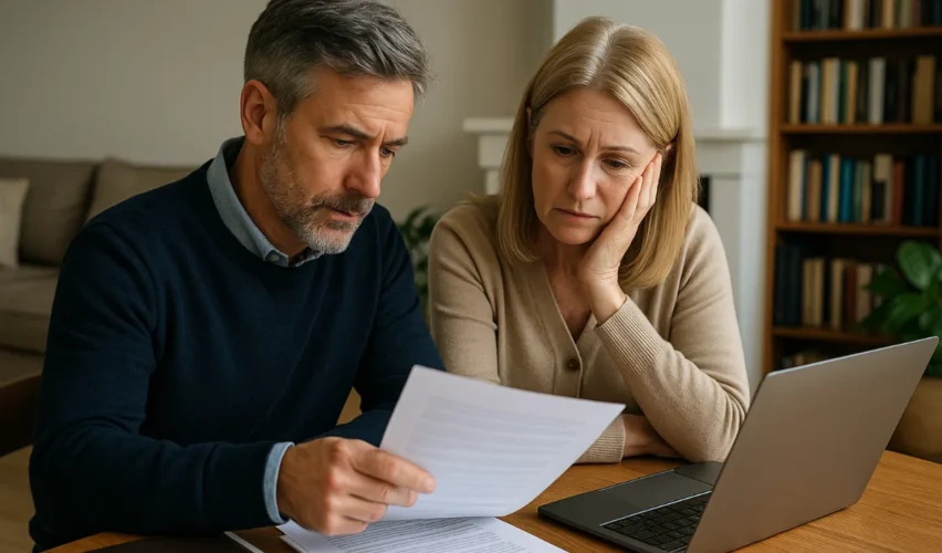 Mature Australian couple reviewing estate administration documents at home, looking focused and thoughtful with a laptop and papers on the table.