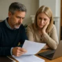 Mature Australian couple reviewing estate administration documents at home, looking focused and thoughtful with a laptop and papers on the table.