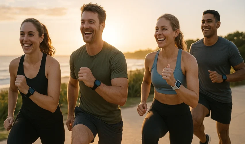 Group of Australians exercising outdoors at sunrise using fitness technology in 2025