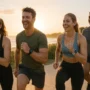Fitness in Australia 2025: What’s Changing and Why It Matters Group of Australians exercising outdoors at sunrise using fitness technology in 2025