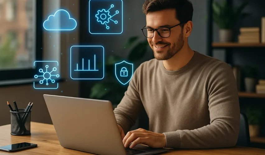 Australian professional using digital tools like AI, cloud, and automation on a laptop in 2025