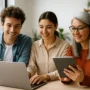 The Most Important Digital Skills Every Australian Should Learn Three Australians of different ages learning digital skills together in a bright modern office, using a laptop and tablet while smiling and collaborating.