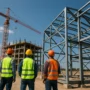 Construction workers inspecting steel and concrete structures on an Australian construction site under clear blue sky, representing various structural systems.
