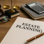 A professional legal desk with estate planning documents, pen, reading glasses, scales of justice, and a gavel, symbolising wills and estate planning in Australia.