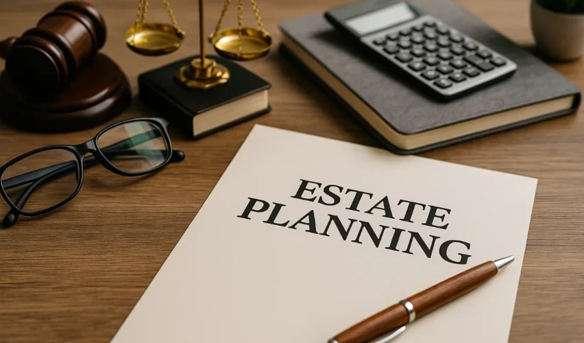 A professional legal desk with estate planning documents, pen, reading glasses, scales of justice, and a gavel, symbolising wills and estate planning in Australia.