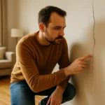 Homeowner examining a wall crack inside a living room, representing early signs of structural movement.