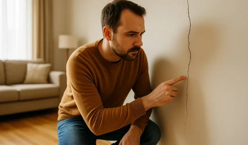 Homeowner examining a wall crack inside a living room, representing early signs of structural movement.