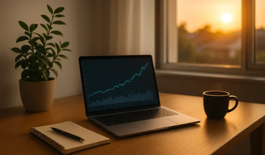 “Modern Australian home office desk with laptop, notebook and soft sunrise lighting.”