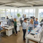 “Employees collaborating in a modern Australian office with digital screens displaying business analytics and growth insights.”