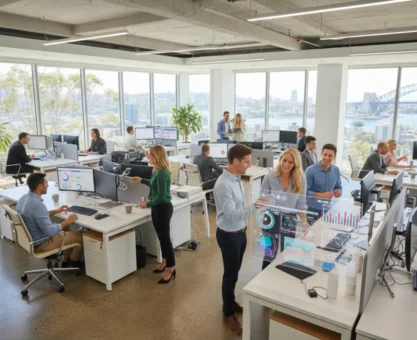 “Employees collaborating in a modern Australian office with digital screens displaying business analytics and growth insights.”