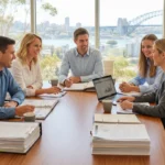 “Australian family consulting an estate planner in a modern office with documents and laptop.”