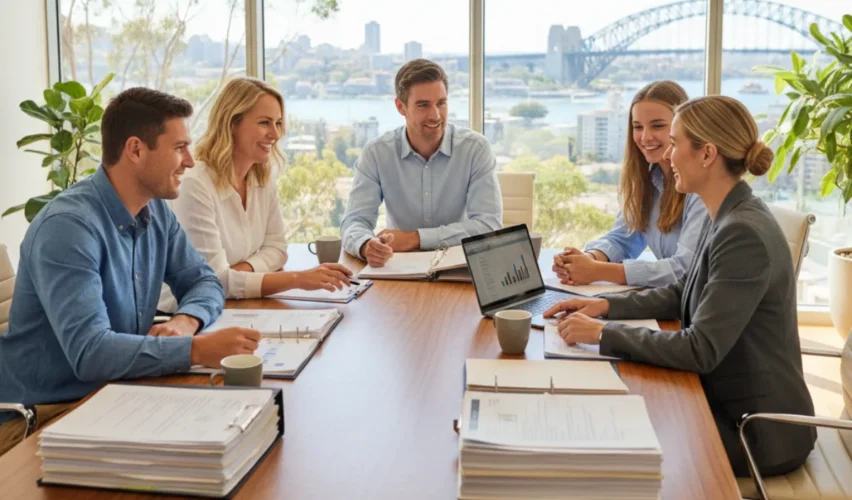 “Australian family consulting an estate planner in a modern office with documents and laptop.”