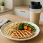 “Healthy post-workout meal with grilled chicken, rice, vegetables and a protein shake.”