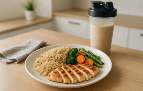 “Healthy post-workout meal with grilled chicken, rice, vegetables and a protein shake.”
