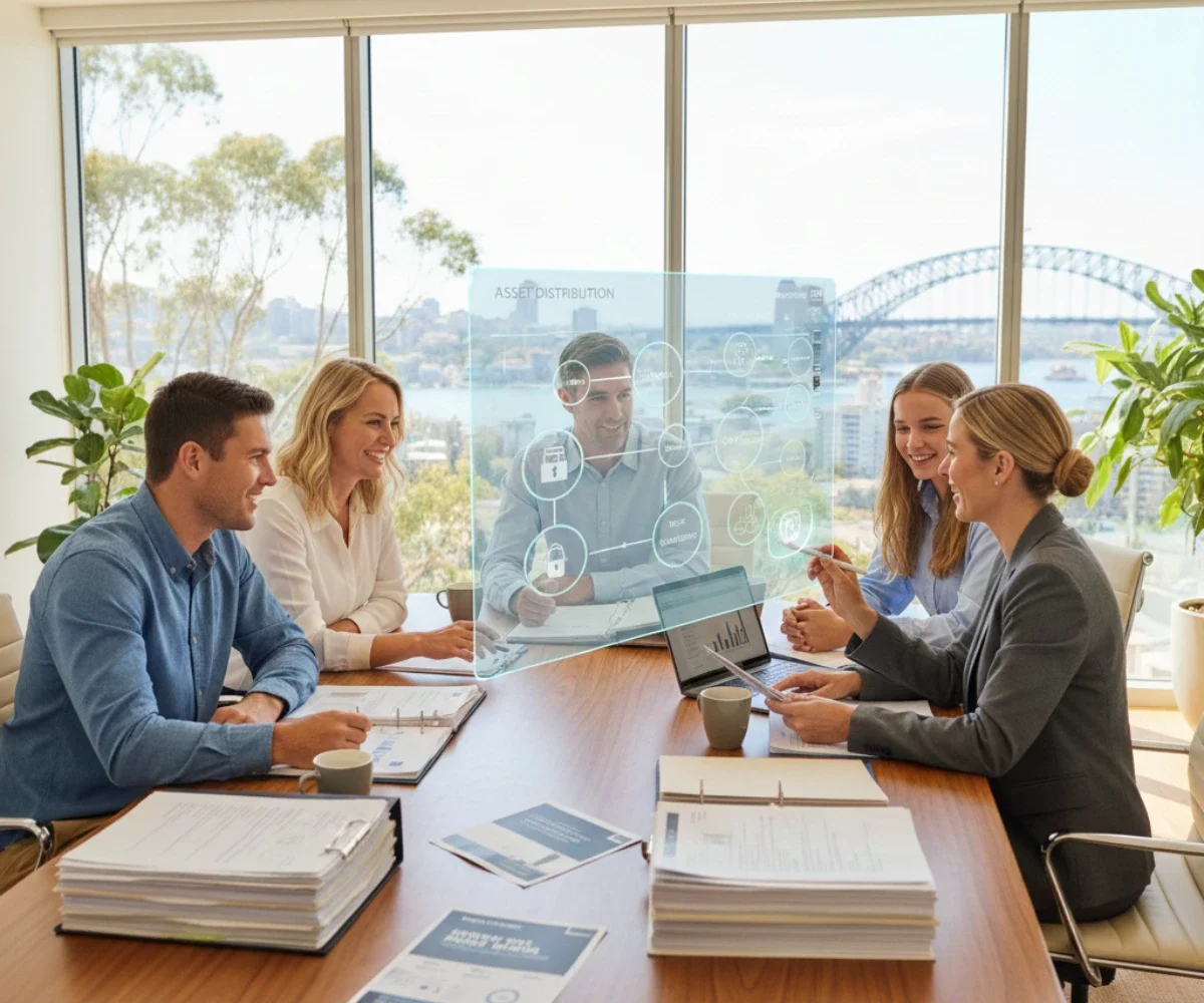 Australian lawyer explaining estate law and wills to clients, with documents and digital assets in 2026 in office