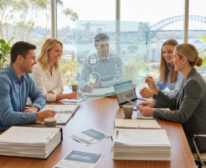 Australian lawyer explaining estate law and wills to clients, with documents and digital assets in 2026 in office