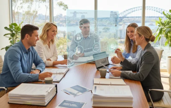 Australian lawyer explaining estate law and wills to clients, with documents and digital assets in 2026 in office