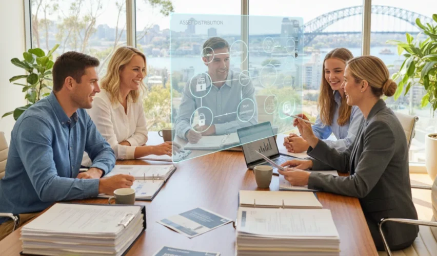 Australian lawyer explaining estate law and wills to clients, with documents and digital assets in 2026 in office