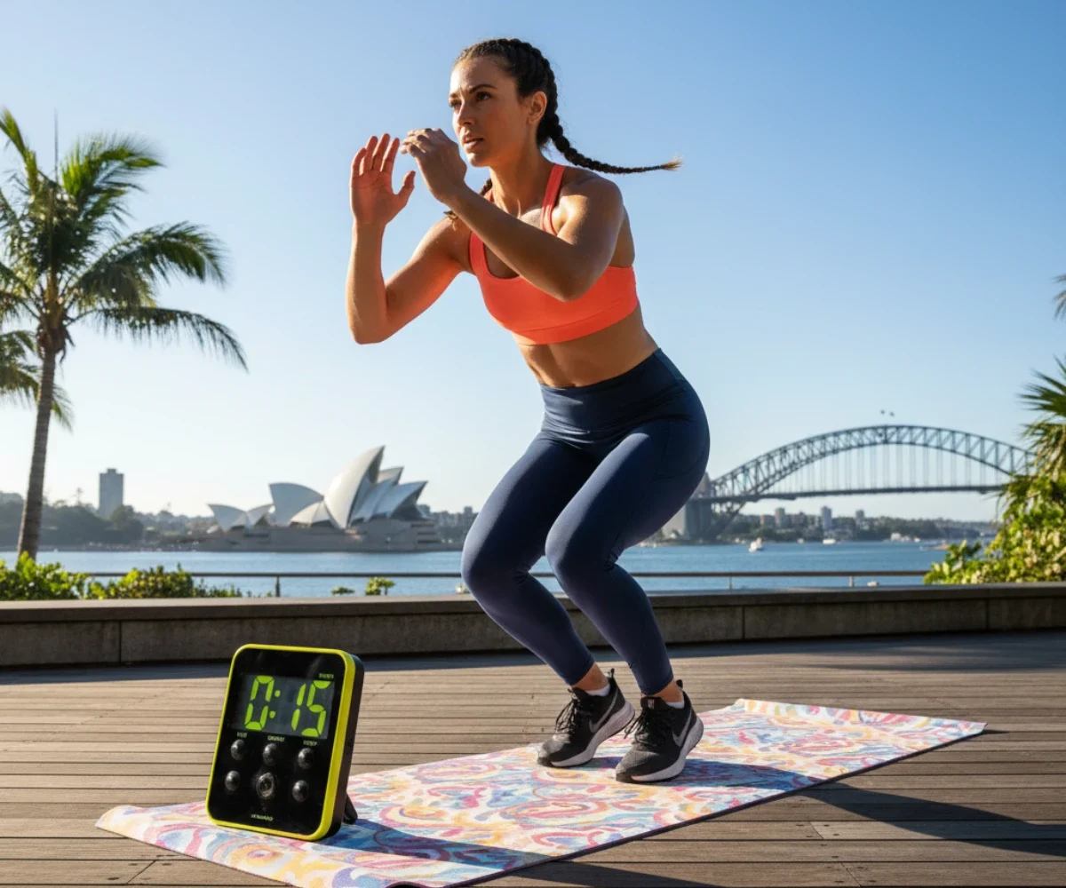 Australian fitness enthusiast performing a high-intensity interval training exercise outdoors with a mat and timer, representing modern HIIT workouts