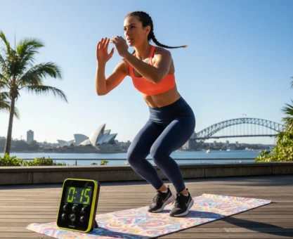 Australian fitness enthusiast performing a high-intensity interval training exercise outdoors with a mat and timer, representing modern HIIT workouts