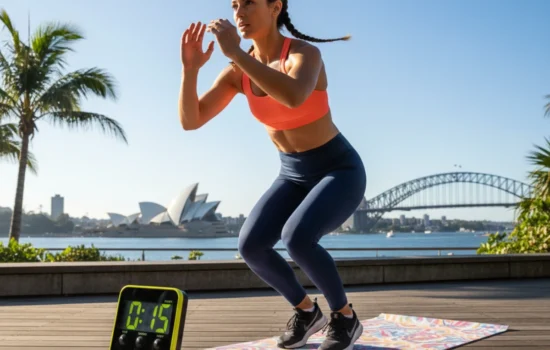 Australian fitness enthusiast performing a high-intensity interval training exercise outdoors with a mat and timer, representing modern HIIT workouts