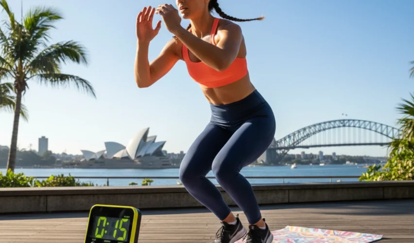 Australian fitness enthusiast performing a high-intensity interval training exercise outdoors with a mat and timer, representing modern HIIT workouts
