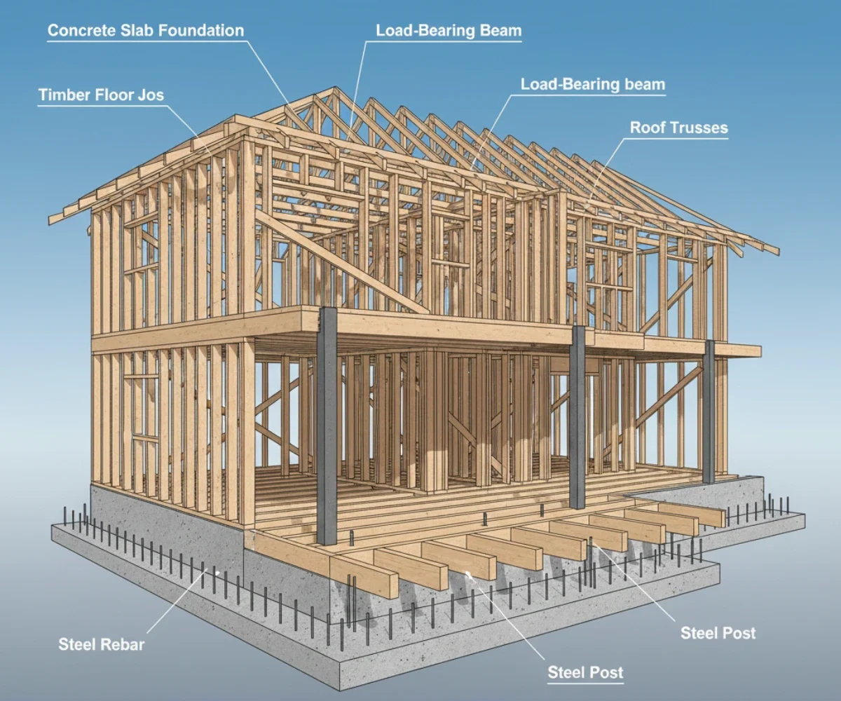 Australian residential building structure showing foundations, beams, and framing to explain basic structural engineering concepts for non-engineers