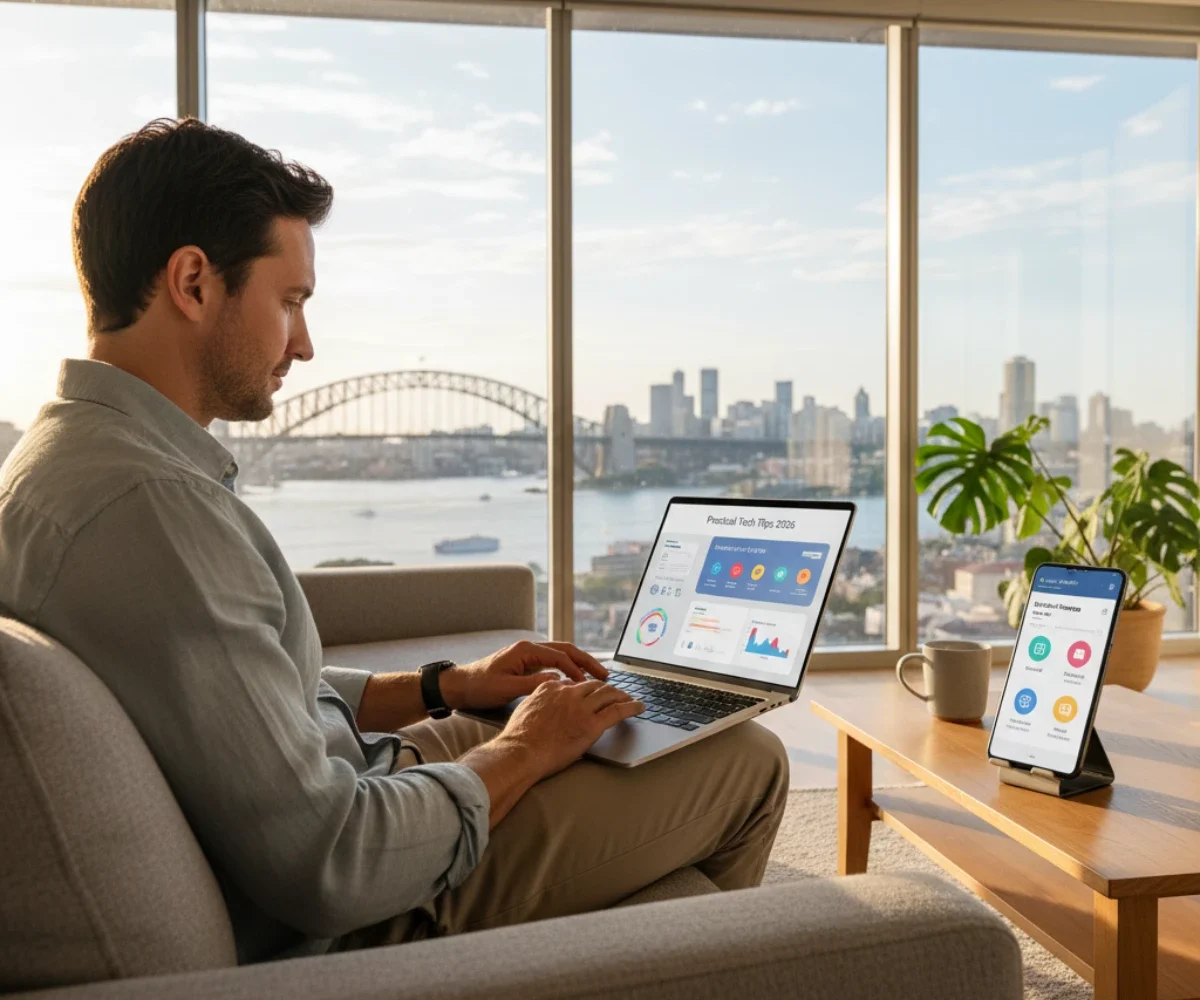 Australian professional using a laptop and smartphone at home, illustrating simplified digital life and practical tech tips in 2026