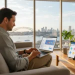 Australian professional using a laptop and smartphone at home, illustrating simplified digital life and practical tech tips in 2026