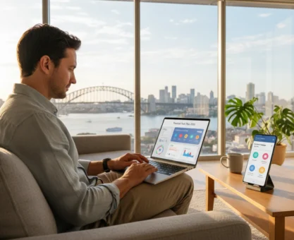 Australian professional using a laptop and smartphone at home, illustrating simplified digital life and practical tech tips in 2026