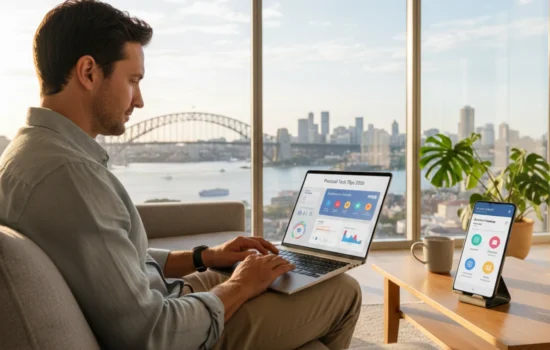 Australian professional using a laptop and smartphone at home, illustrating simplified digital life and practical tech tips in 2026