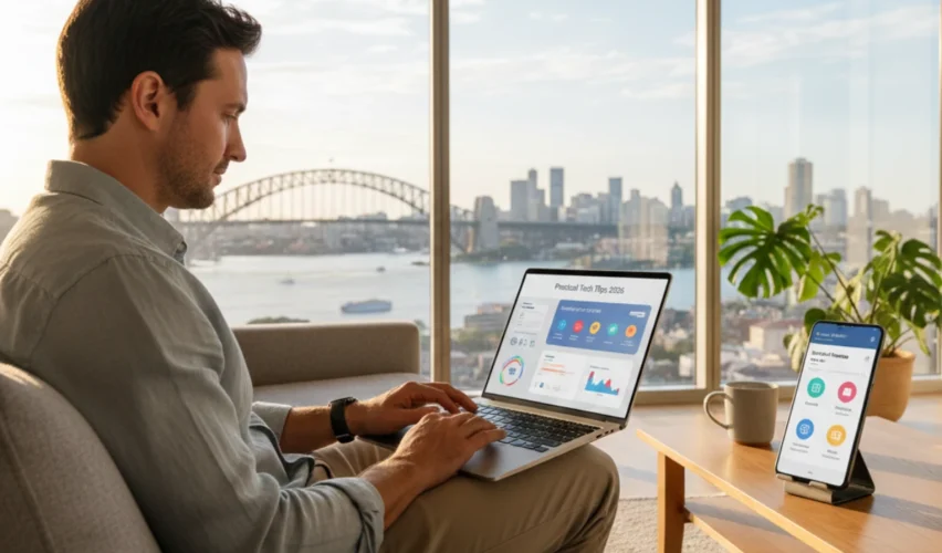 Australian professional using a laptop and smartphone at home, illustrating simplified digital life and practical tech tips in 2026