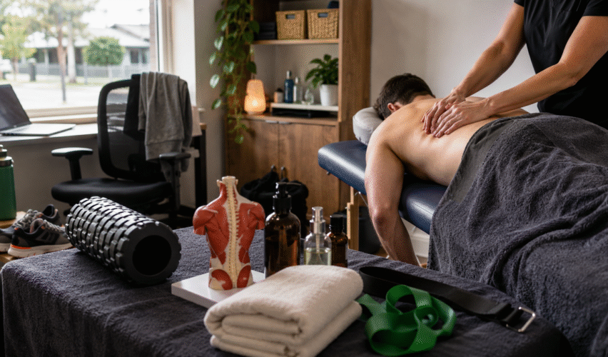 Professional remedial massage treatment in a realistic Australian clinic with therapy tools, highlighting recovery from muscle tension and persistent pain.