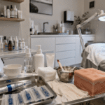 Professional skincare clinic with microneedling tools, LED mask and treatment bed.