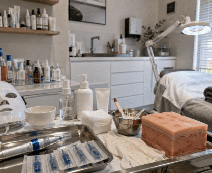 Professional skincare clinic with microneedling tools, LED mask and treatment bed.