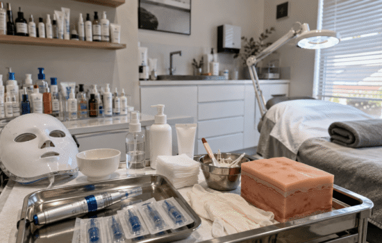 Professional skincare clinic with microneedling tools, LED mask and treatment bed.